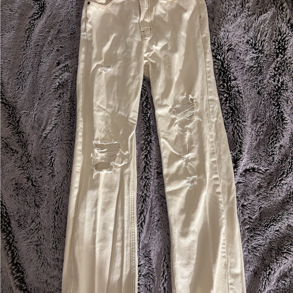 PacSun Cream Distressed Flare Jeans